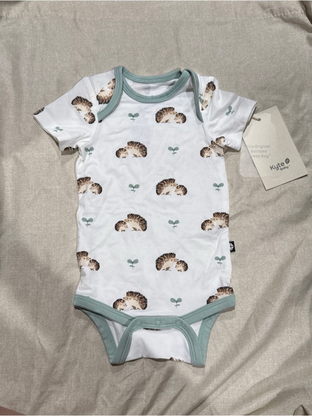 Kyte BABY White Hedgehog Print Bodysuit with Sage Trim